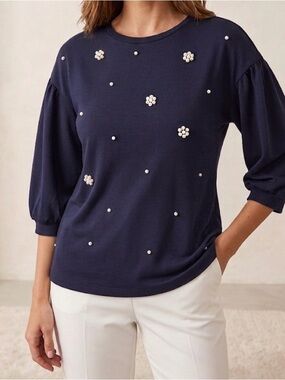 Love Scarlet Pearl Embellished Navy Tee Size L- NEW